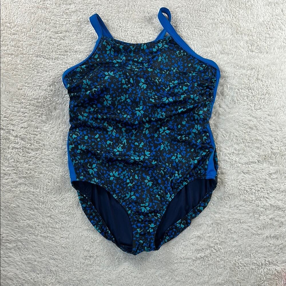 Land's End blue floral print one piece swimsuit, size 16W